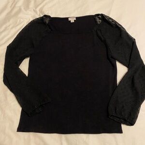J. Crew Classic Black Top with Sheer Polka Dot Sleeves